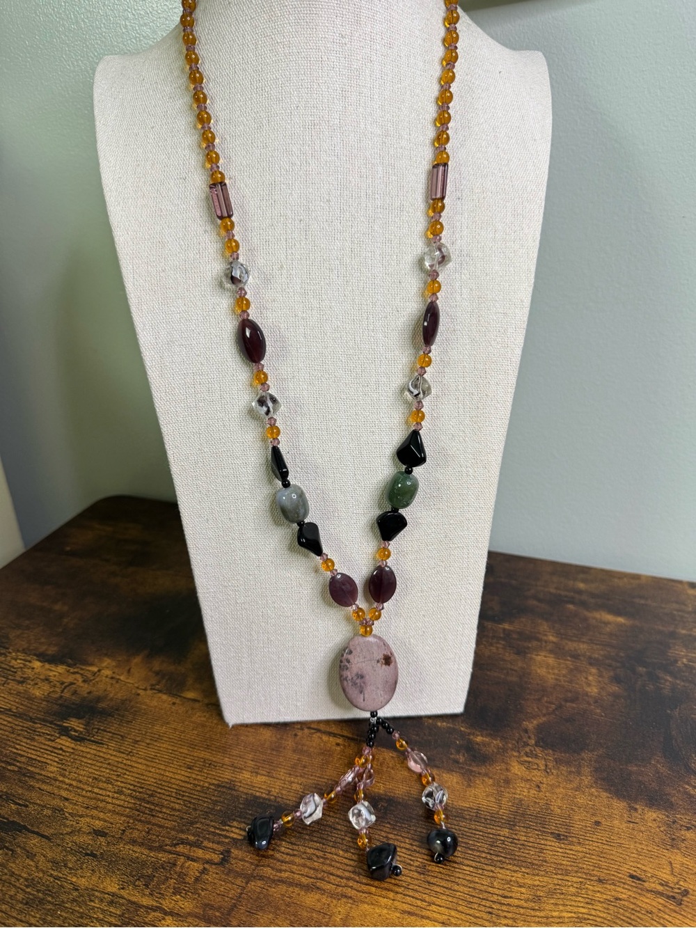 Hand Crafted Amber, Purple and Green Glass Beaded Necklace with Stone Pendant